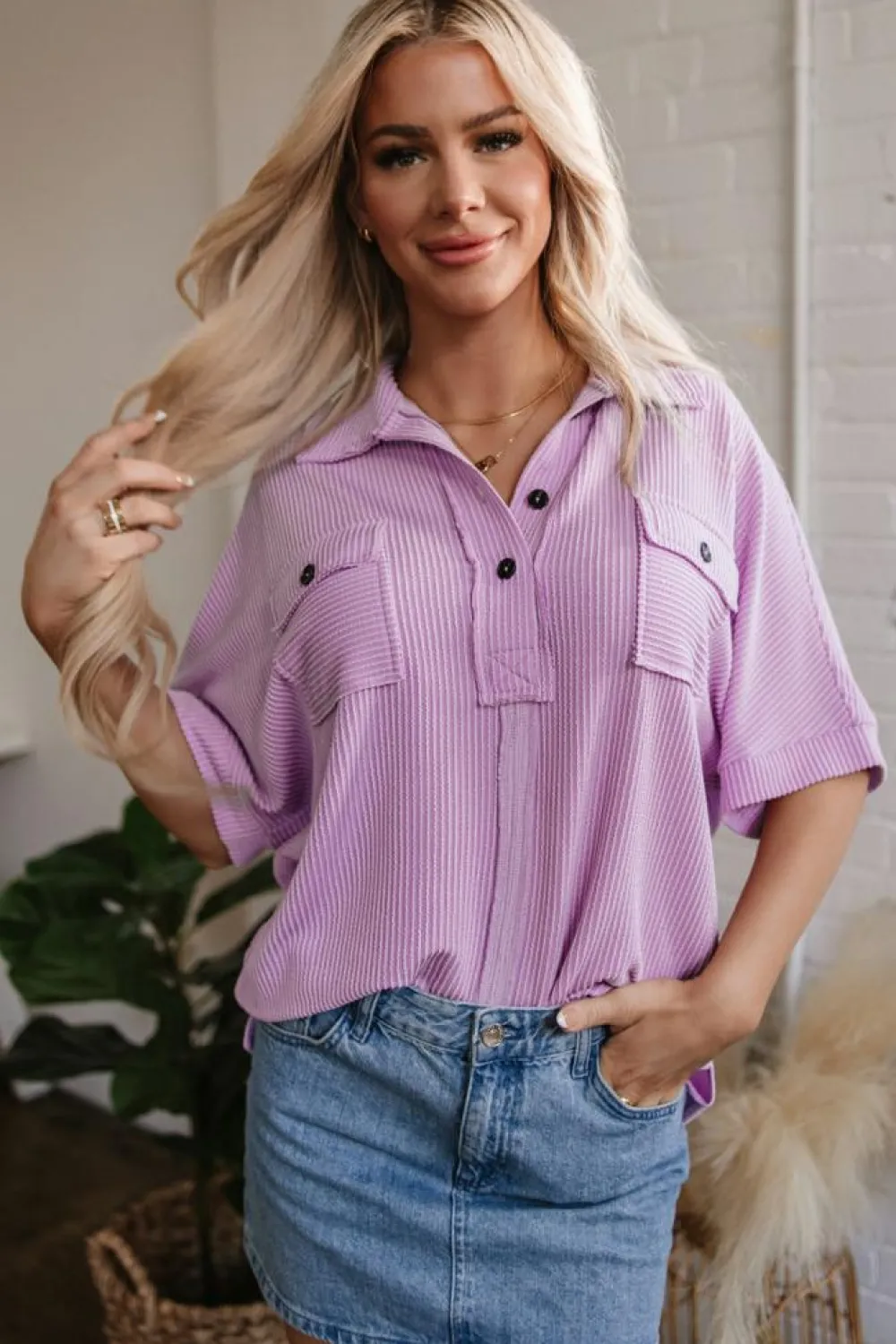 Outlet Dear-Lover Corded Flap Pocket Collared Buttoned Short Sleeve Blouse Orchid Bouquet