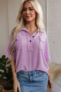 Outlet Dear-Lover Corded Flap Pocket Collared Buttoned Short Sleeve Blouse Orchid Bouquet