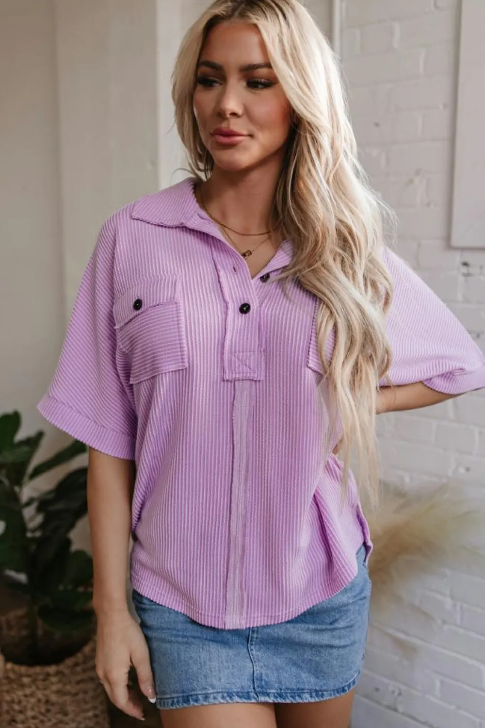 Outlet Dear-Lover Corded Flap Pocket Collared Buttoned Short Sleeve Blouse Orchid Bouquet