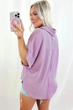 Outlet Dear-Lover Corded Flap Pocket Collared Buttoned Short Sleeve Blouse Orchid Bouquet