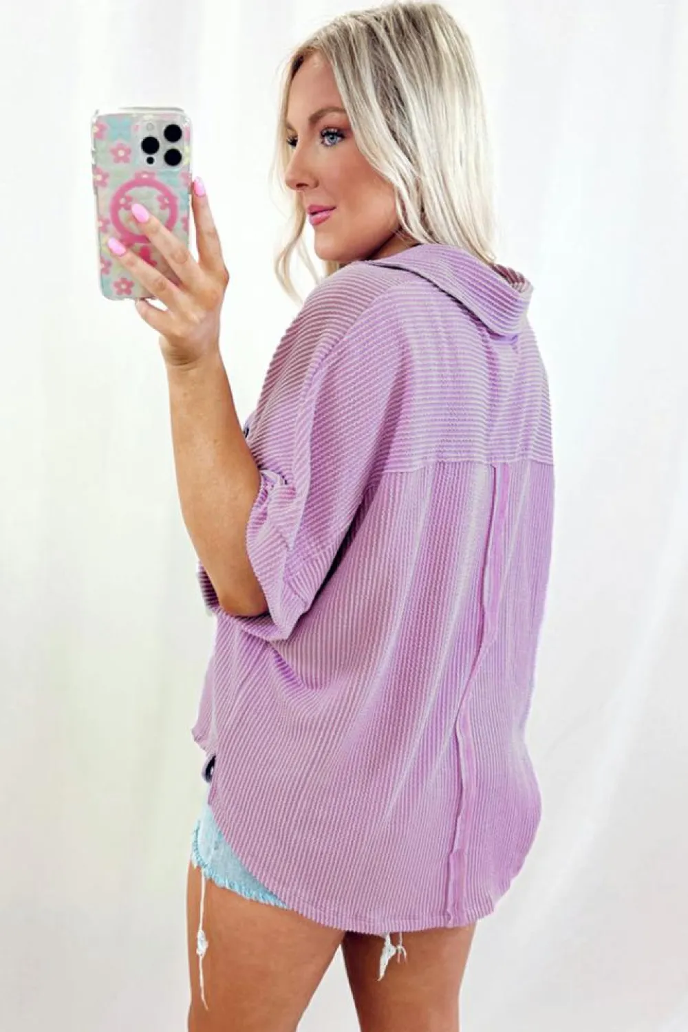 Outlet Dear-Lover Corded Flap Pocket Collared Buttoned Short Sleeve Blouse Orchid Bouquet