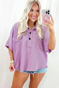 Outlet Dear-Lover Corded Flap Pocket Collared Buttoned Short Sleeve Blouse Orchid Bouquet