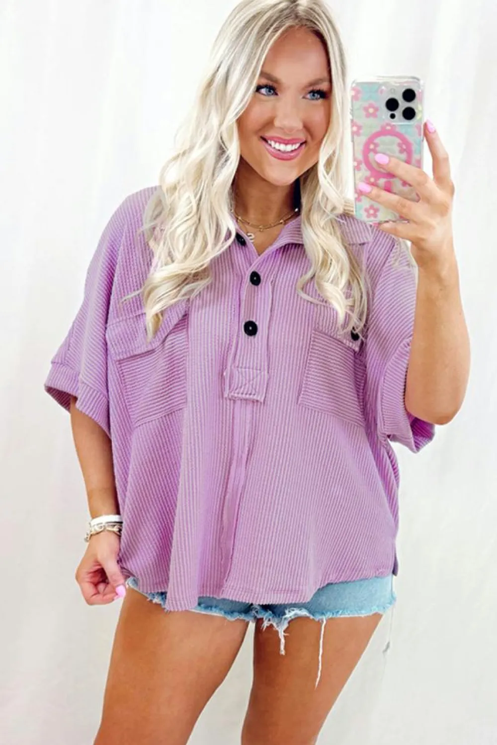 Outlet Dear-Lover Corded Flap Pocket Collared Buttoned Short Sleeve Blouse Orchid Bouquet