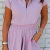 New Dear-Lover Short Sleeve Zipper Collared Elastic High Waist Romper Orchid Bouquet