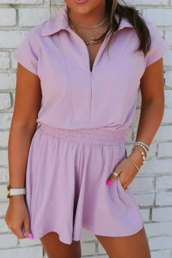 New Dear-Lover Short Sleeve Zipper Collared Elastic High Waist Romper Orchid Bouquet