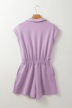 New Dear-Lover Short Sleeve Zipper Collared Elastic High Waist Romper Orchid Bouquet