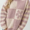 Outlet Dear-Lover Checkered Floral Print Striped Sleeve Sweater Orchid Petal