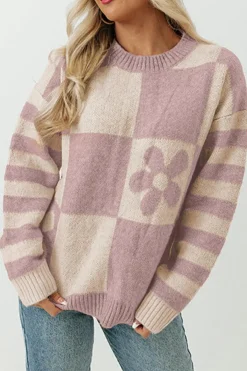 Outlet Dear-Lover Checkered Floral Print Striped Sleeve Sweater Orchid Petal
