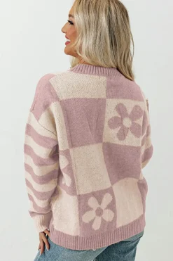 Outlet Dear-Lover Checkered Floral Print Striped Sleeve Sweater Orchid Petal
