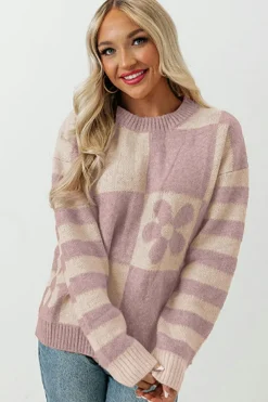 Outlet Dear-Lover Checkered Floral Print Striped Sleeve Sweater Orchid Petal