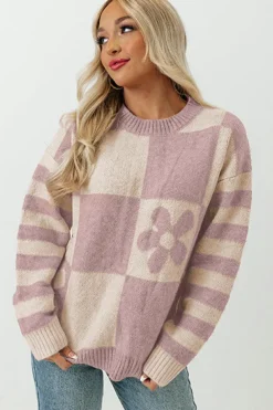 Outlet Dear-Lover Checkered Floral Print Striped Sleeve Sweater Orchid Petal