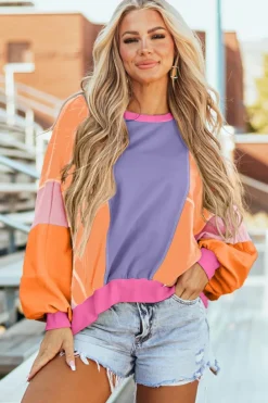 Hot Dear-Lover Colorblock Patchwork Exposed Stitching Oversize Top Orchid Petal
