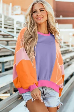 Hot Dear-Lover Colorblock Patchwork Exposed Stitching Oversize Top Orchid Petal