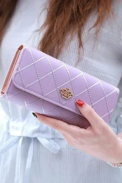 New Dear-Lover Crown Decor Quilted Trifold Clutch Faux Leather Wallet Orchid Petal