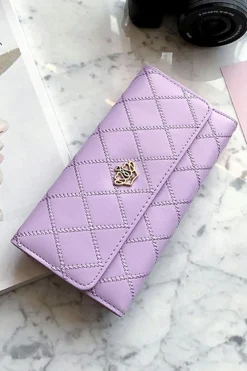 New Dear-Lover Crown Decor Quilted Trifold Clutch Faux Leather Wallet Orchid Petal