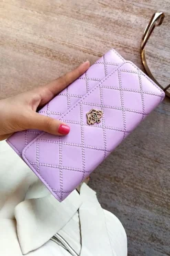 New Dear-Lover Crown Decor Quilted Trifold Clutch Faux Leather Wallet Orchid Petal