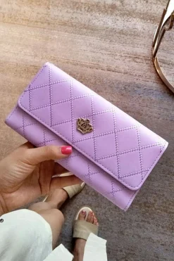 New Dear-Lover Crown Decor Quilted Trifold Clutch Faux Leather Wallet Orchid Petal