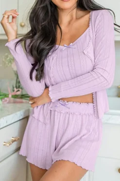 Fashion Dear-Lover Delicate Texture Cropped Cami Shorts and Cardigan 3pcs Lounge Set Orchid Petal