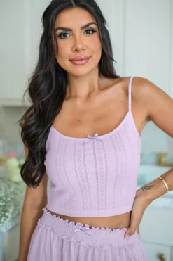 Fashion Dear-Lover Delicate Texture Cropped Cami Shorts and Cardigan 3pcs Lounge Set Orchid Petal