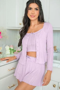 Fashion Dear-Lover Delicate Texture Cropped Cami Shorts and Cardigan 3pcs Lounge Set Orchid Petal
