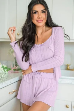 Fashion Dear-Lover Delicate Texture Cropped Cami Shorts and Cardigan 3pcs Lounge Set Orchid Petal
