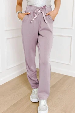 Outlet Dear-Lover Drawstring Waist Satin Stripe Patch Straight Leg High Waist Pants Orchid Petal