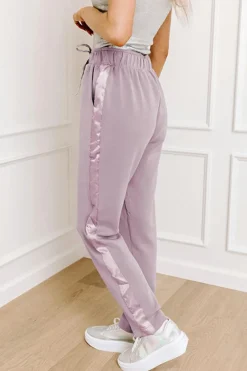 Outlet Dear-Lover Drawstring Waist Satin Stripe Patch Straight Leg High Waist Pants Orchid Petal