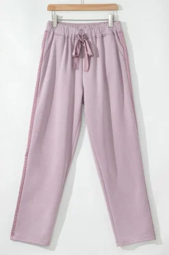 Outlet Dear-Lover Drawstring Waist Satin Stripe Patch Straight Leg High Waist Pants Orchid Petal
