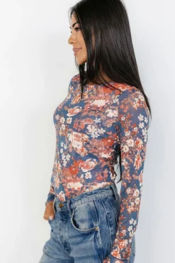 Fashion Dear-Lover Floral Print Mesh Fitted Long Sleeve Top Orchid Petal
