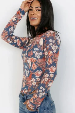 Fashion Dear-Lover Floral Print Mesh Fitted Long Sleeve Top Orchid Petal