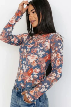 Fashion Dear-Lover Floral Print Mesh Fitted Long Sleeve Top Orchid Petal