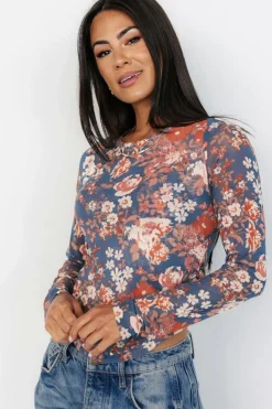 Fashion Dear-Lover Floral Print Mesh Fitted Long Sleeve Top Orchid Petal