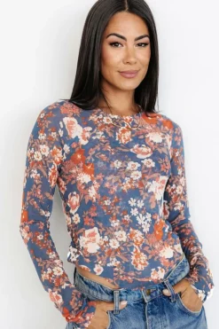 Fashion Dear-Lover Floral Print Mesh Fitted Long Sleeve Top Orchid Petal