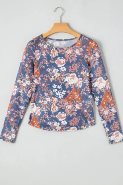 Fashion Dear-Lover Floral Print Mesh Fitted Long Sleeve Top Orchid Petal