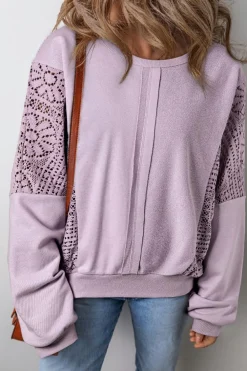 Outlet Dear-Lover Knit Crochet Exposed Seam Ribbed Trim Sweatshirt Orchid Petal