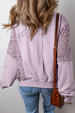 Outlet Dear-Lover Knit Crochet Exposed Seam Ribbed Trim Sweatshirt Orchid Petal