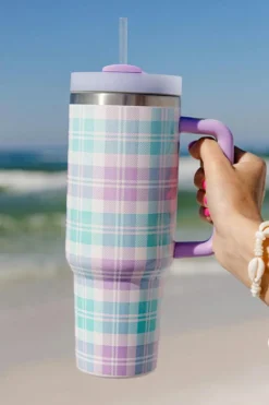 Clearance Dear-Lover Plaid Print Handle Large Vacuum Cup 40oz Orchid Petal