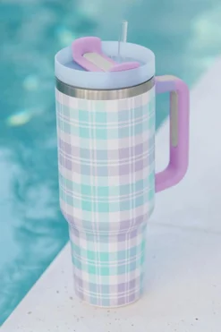 Clearance Dear-Lover Plaid Print Handle Large Vacuum Cup 40oz Orchid Petal