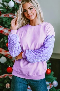 Best Dear-Lover Sequin Patchwork Long Sleeve Pullover Top Orchid Petal