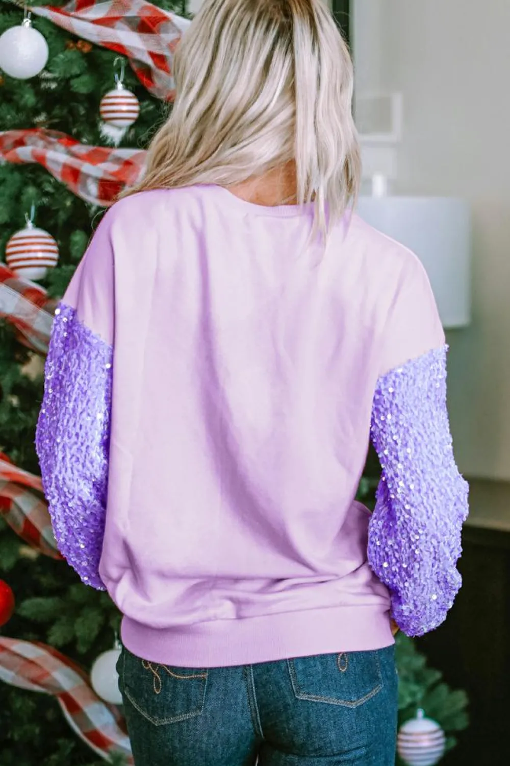 Best Dear-Lover Sequin Patchwork Long Sleeve Pullover Top Orchid Petal