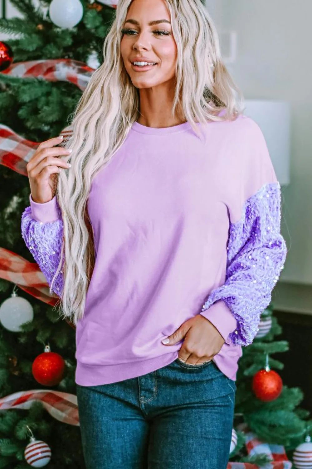 Best Dear-Lover Sequin Patchwork Long Sleeve Pullover Top Orchid Petal