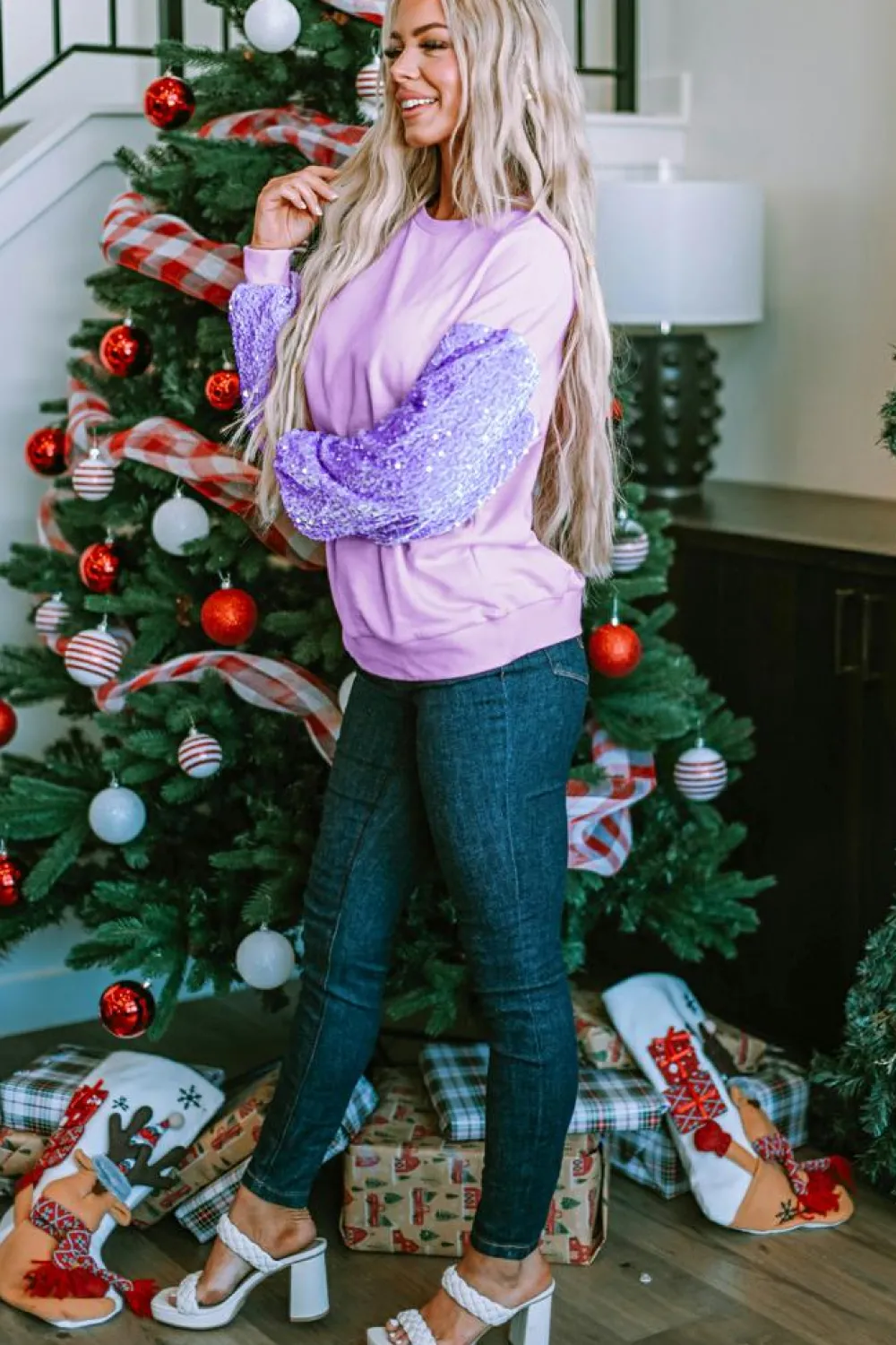Best Dear-Lover Sequin Patchwork Long Sleeve Pullover Top Orchid Petal