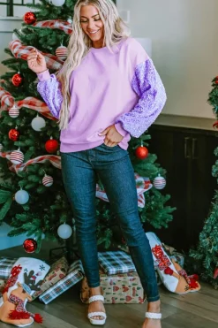 Best Dear-Lover Sequin Patchwork Long Sleeve Pullover Top Orchid Petal