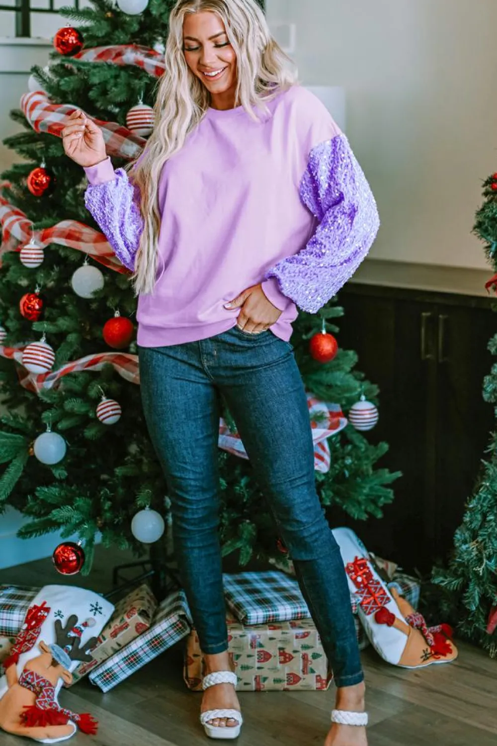 Best Dear-Lover Sequin Patchwork Long Sleeve Pullover Top Orchid Petal