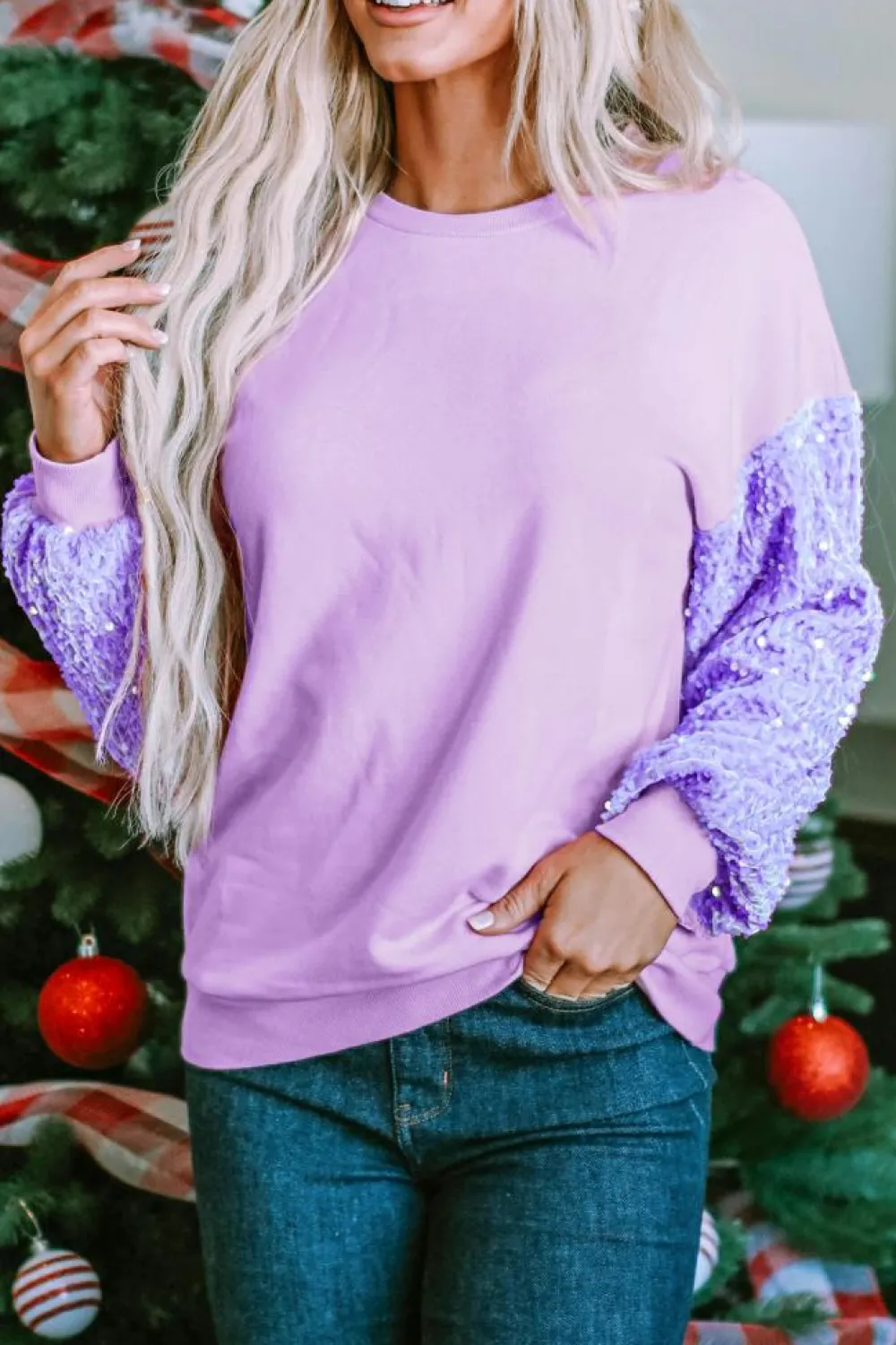 Best Dear-Lover Sequin Patchwork Long Sleeve Pullover Top Orchid Petal