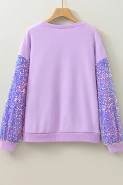 Best Dear-Lover Sequin Patchwork Long Sleeve Pullover Top Orchid Petal