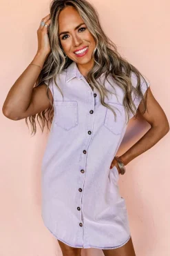Discount Dear-Lover Short Sleeve Double Chest Pocket Denim Shirt Dress Orchid Petal