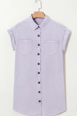 Discount Dear-Lover Short Sleeve Double Chest Pocket Denim Shirt Dress Orchid Petal