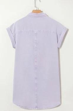 Discount Dear-Lover Short Sleeve Double Chest Pocket Denim Shirt Dress Orchid Petal