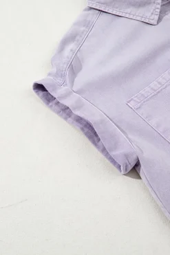 Discount Dear-Lover Short Sleeve Double Chest Pocket Denim Shirt Dress Orchid Petal
